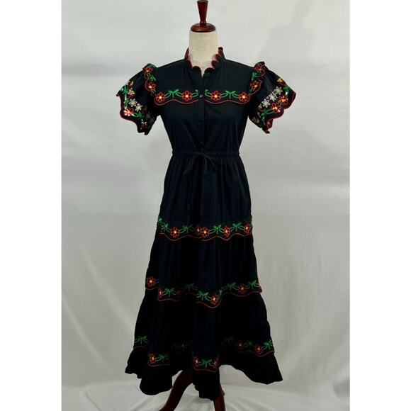 CELIAB Celia B Sz S Small Black Red Green Embroidered Bora Bora Shirt Dress Midi - Picture 2 of 11